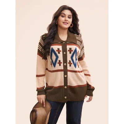 Bloomchic Women's Plus Size Geometric Pattern Collared Front Button Cardigan Multicolor Long Sleeve 12/l