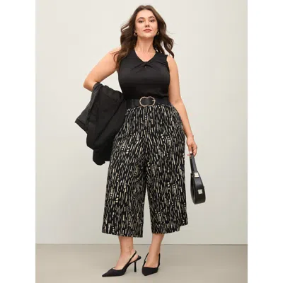 Bloomchic Women's Plus Size Geometric Pattern Cropped Wide-leg Pants Black Geometric Wide Leg Mid Rise Office 