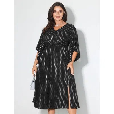 Bloomchic Women's Plus Size Geometric Pattern Flared Sleeve Midi Dress Blackflower Stripes Midi Party 14-16/1x