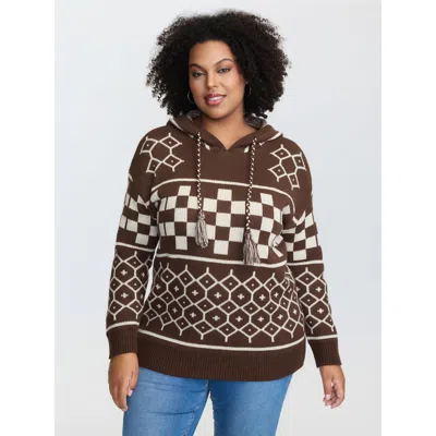 Bloomchic Women's Plus Size Geometric Pattern Jacquard Drawstring Hoodie Browncoffeecolor Not Graphics Long Sl