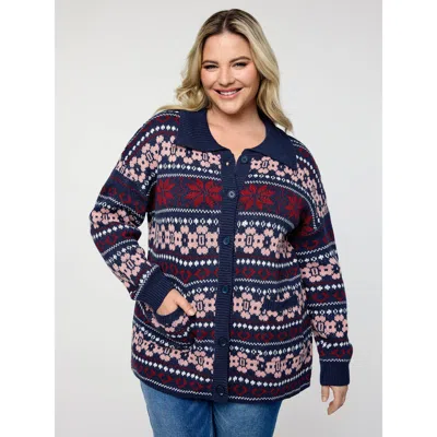 Bloomchic Women's Plus Size Geometric Pattern Patch Pocket Button Knit Cardigan Indigo Long Sleeve 22-24/3x In Purple