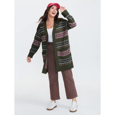 Bloomchic Women's Plus Size Geometric Pattern Pockets Open-front Cardigan Armygreen Long Sleeve 18-20/2x