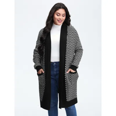 Bloomchic Women's Plus Size Geometric Pattern Pockets Open-front Knit Cardigan Black Long Sleeve 10/m