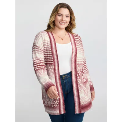 Bloomchic Women's Plus Size Geometric Pattern Pockets Open-front Knit Cardigan Russet Long Sleeve 12/l In Brown