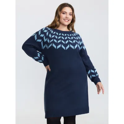 Bloomchic Women's Plus Size Geometric Pattern Raglan Sleeve Midi Sweater Dress Aegean Geometric Short 12/l In Blue