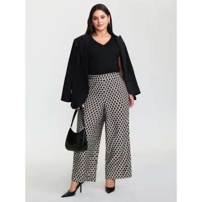 Bloomchic Women's Plus Size Geometric Pattern Wide-leg Pants Lightbrown Geometric Wide Leg Mid Rise Office 10/ In Brown