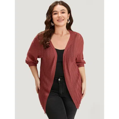 Bloomchic Women's Plus Size Geometric Plisse Patchwork Loose Open Front Cardigan Russet Long Sleeve 22-24/3x In Brown