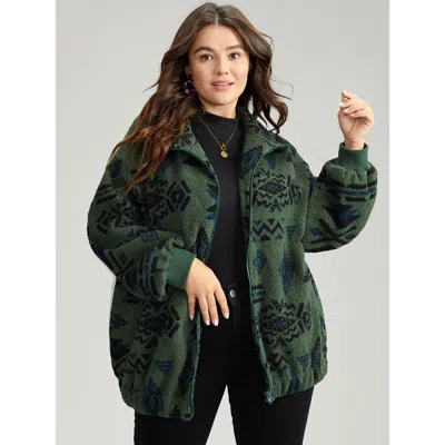 Bloomchic Women's Plus Size Geometric Pocket Gathered Zipper Coat Green Non Cocoon 10/m