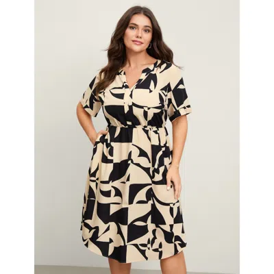 Bloomchic Women's Plus Size Geometric Print Arc Hem Midi Dress Black Geometric Midi Office Roll Hem 10/m