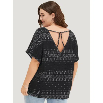 Bloomchic Women's Plus Size Geometric Print Backless Roll Dolman Sleeve T-shirt Black Dailywear Short Sleeve 1