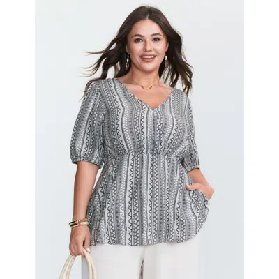Bloomchic Women's Plus Size Geometric Print Back-tie Blouse Blackflower Stripes Vacation Half Sleeve 10/m