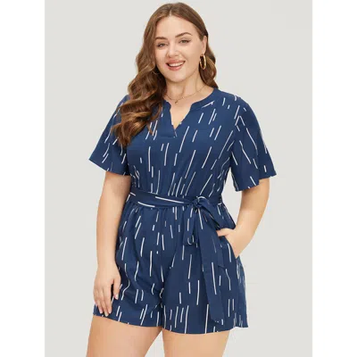 Bloomchic Women's Plus Size Geometric Print Belt Notched Neck Romper Blue Striped Office No Stretch 26/4x