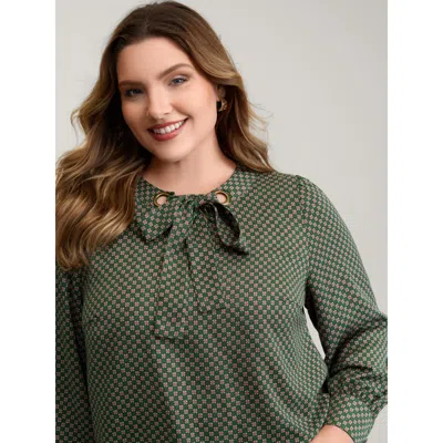 Bloomchic Women's Plus Size Geometric Print Bow-tie Neckline Blouse Darkgreen Geometric Elegant Long Sleeve 12 In Green