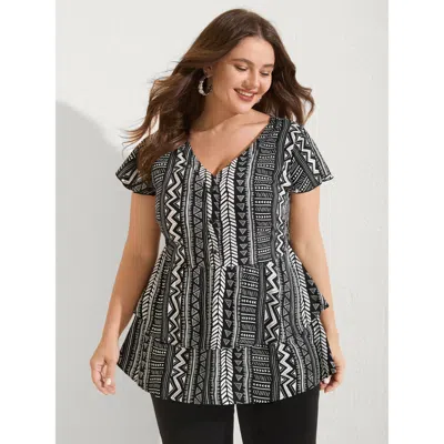 Bloomchic Women's Plus Size Geometric Print Button Layered Blouse Black Bohemian Print Vacation Short Sleeve 1