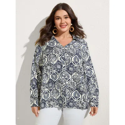 Bloomchic Women's Plus Size Geometric Print Button-down Shirt Darkblue Vacation Long Sleeve 14-16/1x In Blue