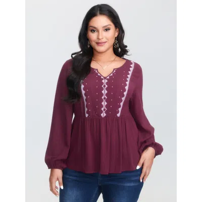 Bloomchic Women's Plus Size Geometric Print Cinched Flared Blouse Burgundy Ethnic Floral Vacation Long Sleeve 