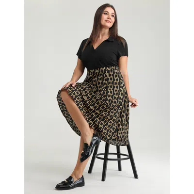 Bloomchic Women's Plus Size Geometric Print Collar Contrast Midi Dress Black Geometric Midi Office Colorblock 