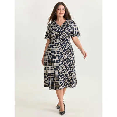 Bloomchic Women's Plus Size Geometric Print Collar Pleated Midi Dress Indigo Geometric Maxi Office 10/m In Purple