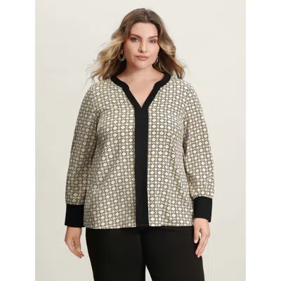 Bloomchic Women's Plus Size Geometric Print Color Contrast Blouse Lightbrown Geometric Office Extra Long Sleev In Brown
