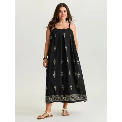 Bloomchic Women's Plus Size Geometric Print Color Contrast Maxi Dress Black Ethnic Floral Maxi Vacation 10/m