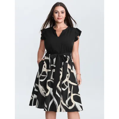 Bloomchic Women's Plus Size Geometric Print Color Contrast Mini Dress Black Geometric Knee Length Office Gathe