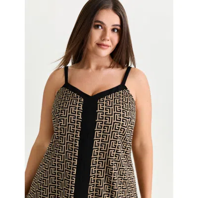 Bloomchic Women's Plus Size Geometric Print Color Contrast Tank Top Black Office Relaxed Fit Straight Fit V-ne