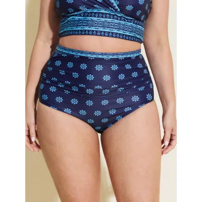 Bloomchic Women's Plus Size Geometric Print Contrast Swim Bottoms Indigo Floral Cropped Non Elastic Waist 12/l In Purple