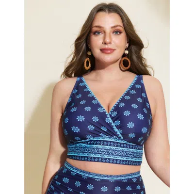 Bloomchic Women's Plus Size Geometric Print Contrast Swim Top Indigo Floral Non Adjustable Straps 12/l In Purple