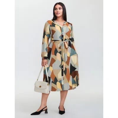 Bloomchic Women's Plus Size Geometric Print Contrast Tab Sleeve Midi Dress Multicolor Geometric Midi Office Be