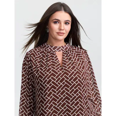 Bloomchic Women's Plus Size Geometric Print Cut Out Neck Blouse Browncoffeecolor Geometric Office Extra Long S