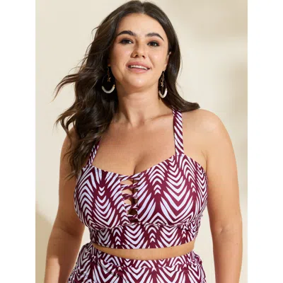 Bloomchic Women's Plus Size Geometric Print Cut-out Ties Bikini Top Russet Geometric Cut-out Adjustable Straps In Brown