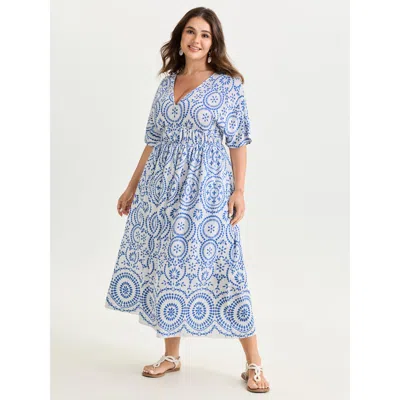 Bloomchic Women's Plus Size Geometric Print Deep V-neckline Maxi Dress Opticwhite Ethnic Floral Maxi Vacation  In White
