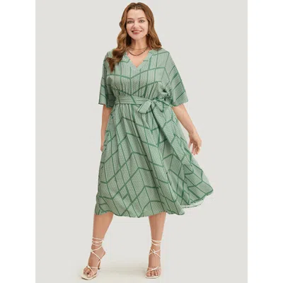 Bloomchic Women's Plus Size Geometric Print Dolman Sleeve Pocket Belted Ruffles Dress Mint Office Cross Straps In Green