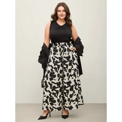Bloomchic Women's Plus Size Geometric Print Drawstring Wide-leg Pants Blackflower Geometric Wide Leg Mid Rise 