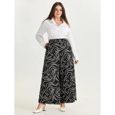 Bloomchic Women's Plus Size Geometric Print Elastic Waist Pants Black Wide Leg Mid Rise Casual 10/m
