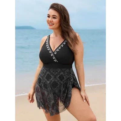 Bloomchic Women's Plus Size Geometric Print Embroidered Neckline Swim Dress Black Ethnic Floral Embroidered Ad