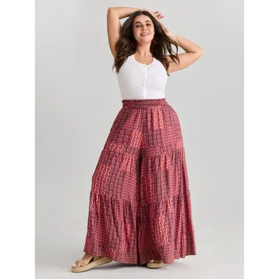 Bloomchic Women's Plus Size Geometric Print Flared Shirred Waist Pants Browncoffeecolor Ethnic Floral Flared H