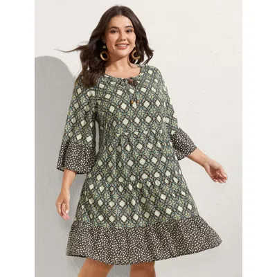 Bloomchic Women's Plus Size Geometric Print Flared Sleeve Tiered Midi Dress Armygreen Geometric Short Vacation