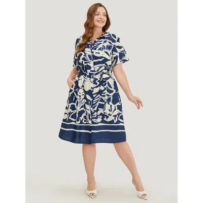 Bloomchic Women's Plus Size Geometric Print Flutter Pocket Belt Shirt Collar Dress Darkblue Dailywear 28/5x In Blue