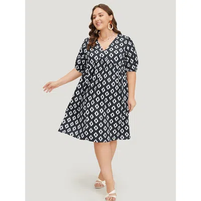 Bloomchic Women's Plus Size Geometric Print Gathered Pocket Puff Sleeve Dress Black Dailywear Gathered 12/l