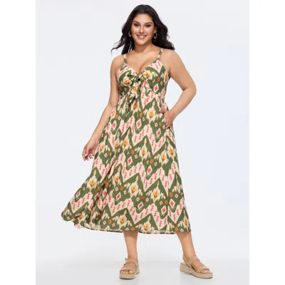 Bloomchic Women's Plus Size Geometric Print Knotted Front Midi Dress Truegreen Abstract Length Vacation 18-20/