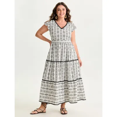 Bloomchic Women's Plus Size Geometric Print Lace Trim Tiered Maxi Dress Originalwhite Ethnic Floral Maxi Vacat