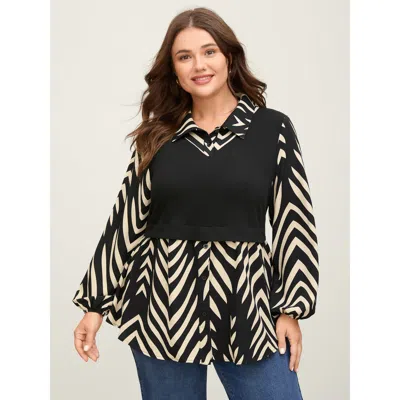 Bloomchic Women's Plus Size Geometric Print Mixed Material Knit Top Black Short Sleeve Office Collared Neck 10