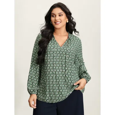 Bloomchic Women's Plus Size Geometric Print Neck-tie Relaxed-fit Blouse Emerald Geometric Office Extra Long Sl In Green