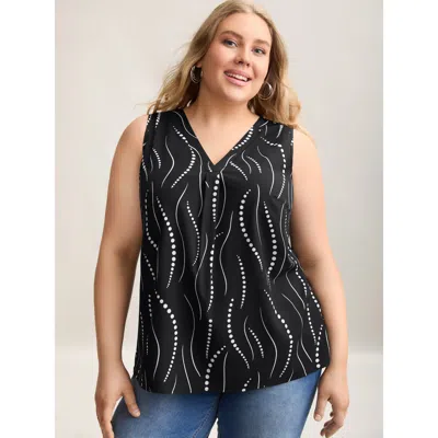 Bloomchic Women's Plus Size Geometric Print Pleated Front Sleeveless Top Black Casual Relaxed Fit Fit & Flare 