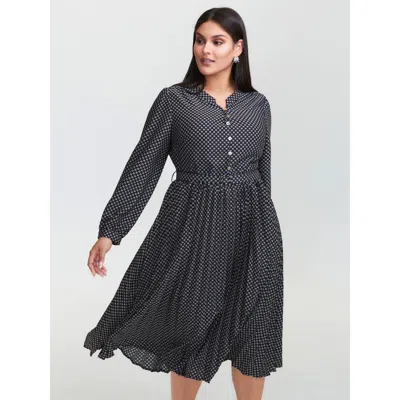 Bloomchic Women's Plus Size Geometric Print Pleated Notched Collar Midi Dress Darkblue Geometric Midi Office P In Blue