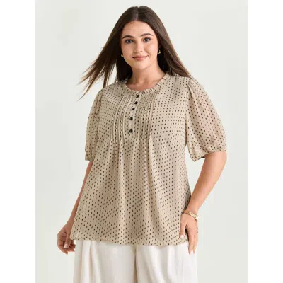 Bloomchic Women's Plus Size Geometric Print Pleated Ruffled Neck Blouse Lightbrown Polka Dots Office Short Sle In Brown