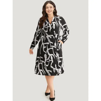 Bloomchic Women's Plus Size Geometric Print Pocket Wrap Ties Dress Blackflower Office Wrap / Overlap 30/6x