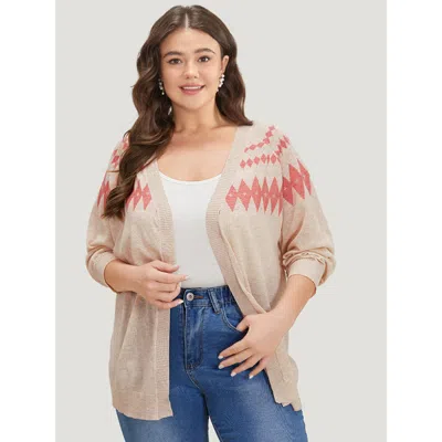 Bloomchic Women's Plus Size Geometric Print Raglan Sleeve Open Front Cardigan Champagne Long Sleeve 14-16/1x In Gold