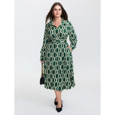 Bloomchic Women's Plus Size Geometric Print Rayon Belted Maxi Dress Truegreen Geometric Midi Office 14-16/1x